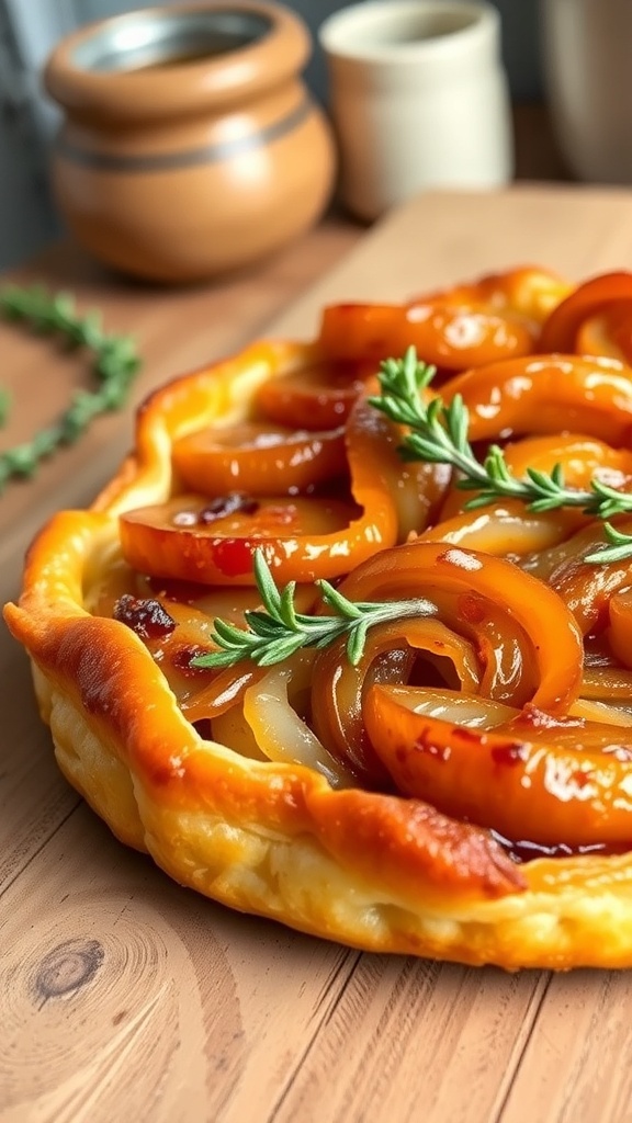 Caramelized onion upside down puff pastry tart garnished with thyme on a rustic table.